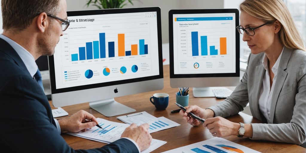 Financial adviser with couple and savings charts