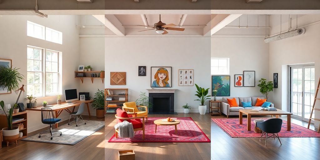 Bright, versatile room with furniture arranged in multiple configurations.