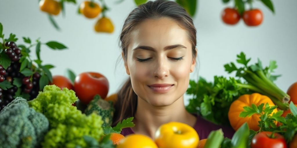 Person meditating peacefully, healthy food nearby.