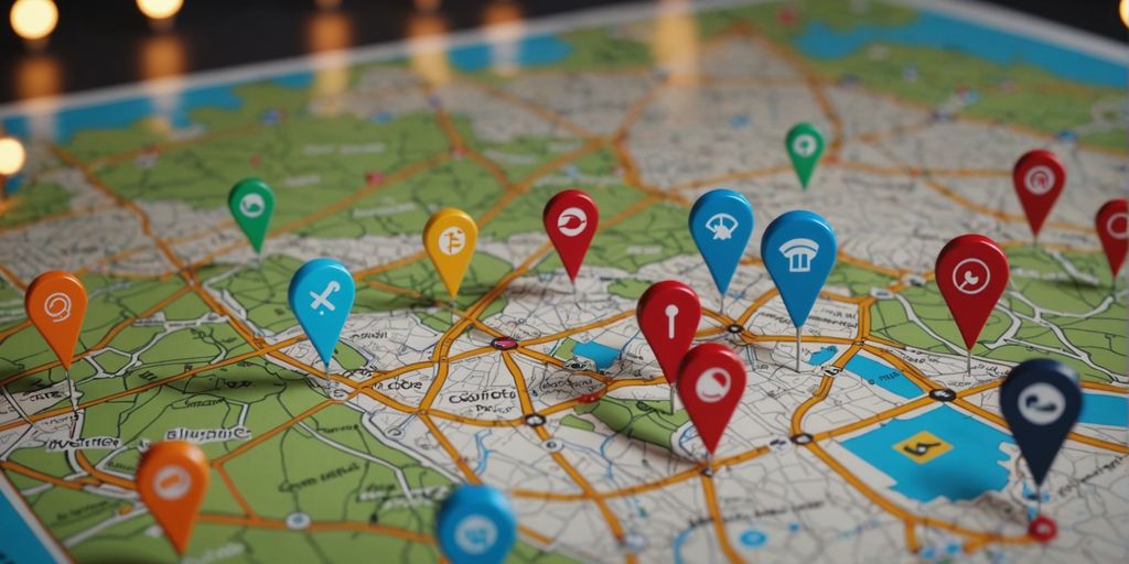 Map with pins and AI icons for marketing strategies