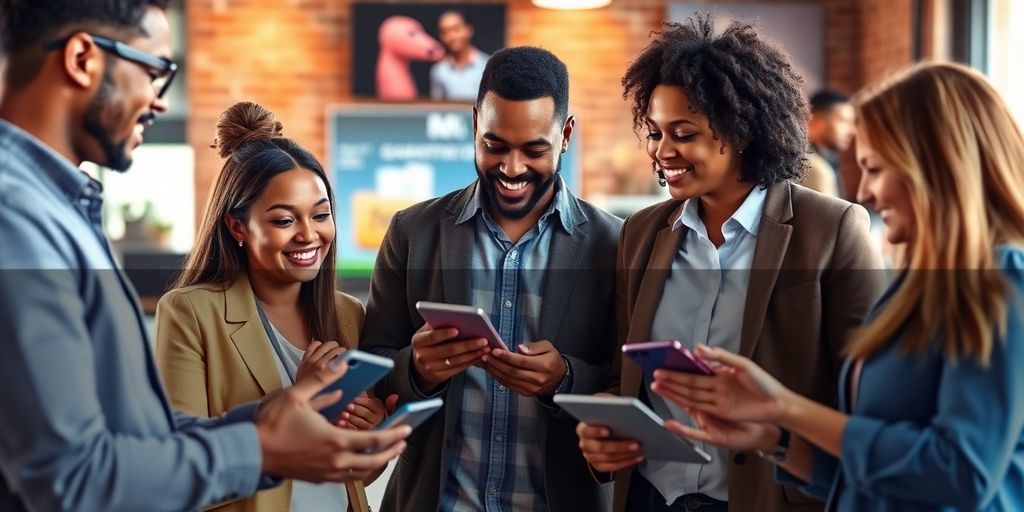 Indivíduos interagindo com dispositivos em um ambiente digital.