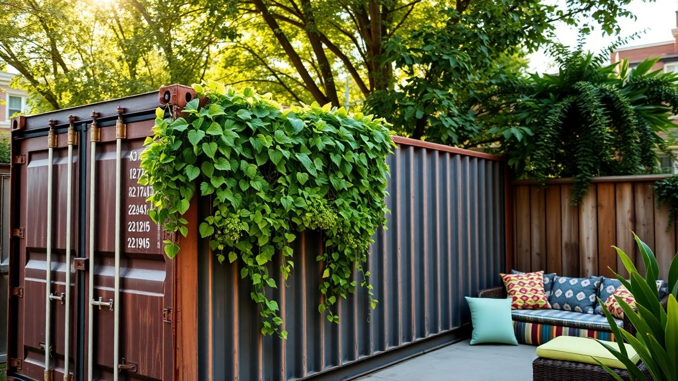 Shipping container, small garden, urban backyard.