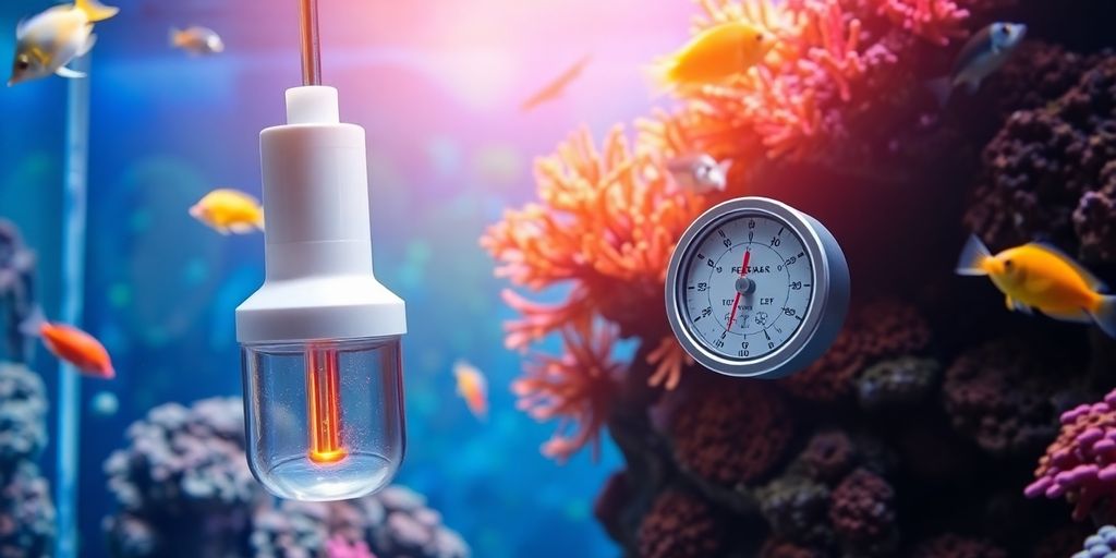 活泼的盐水水族箱中的加热器和温度计。