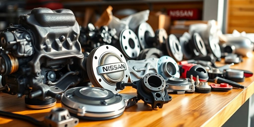 Genuine Nissan parts displayed on a wooden table.
