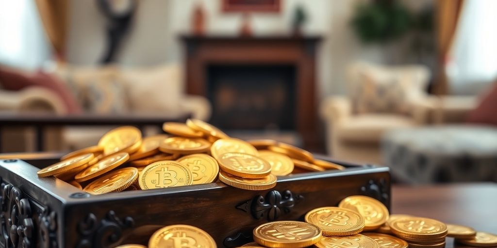 Des pièces d'or dans une boîte en bois.