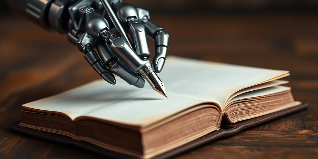 Robot hand holds quill pen over open book.
