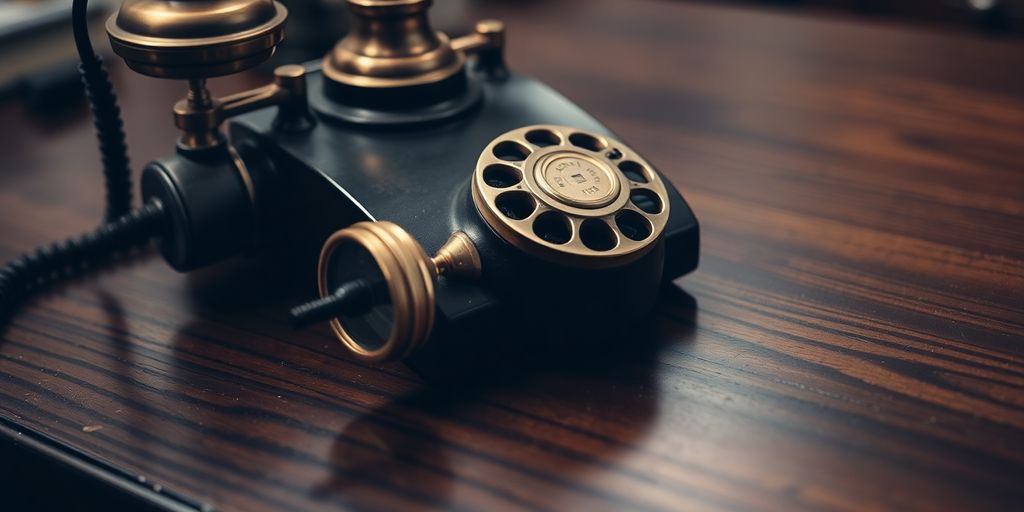 Early telephone device on wooden table.