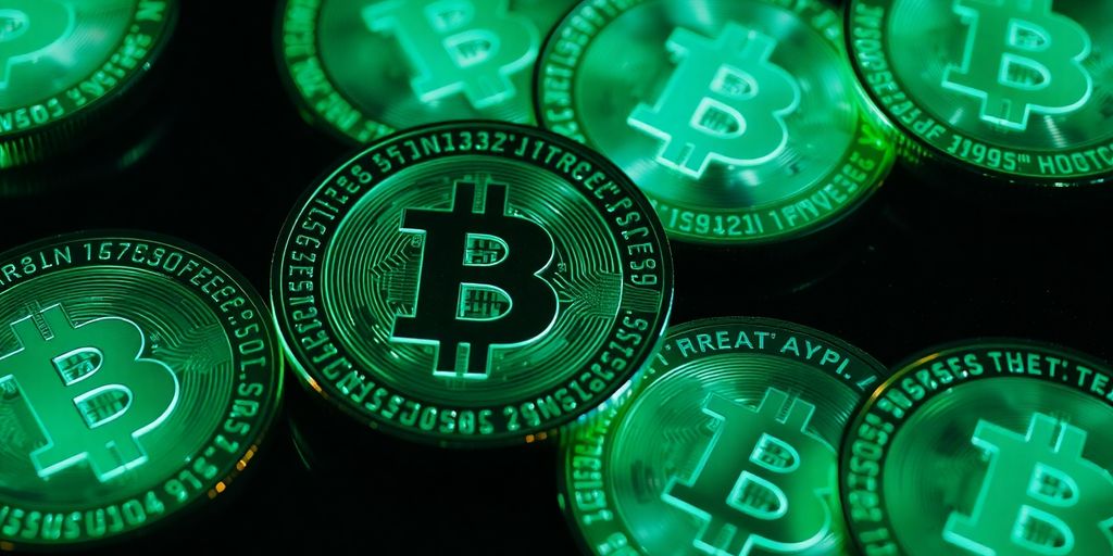 Glowing digital coins on dark background.