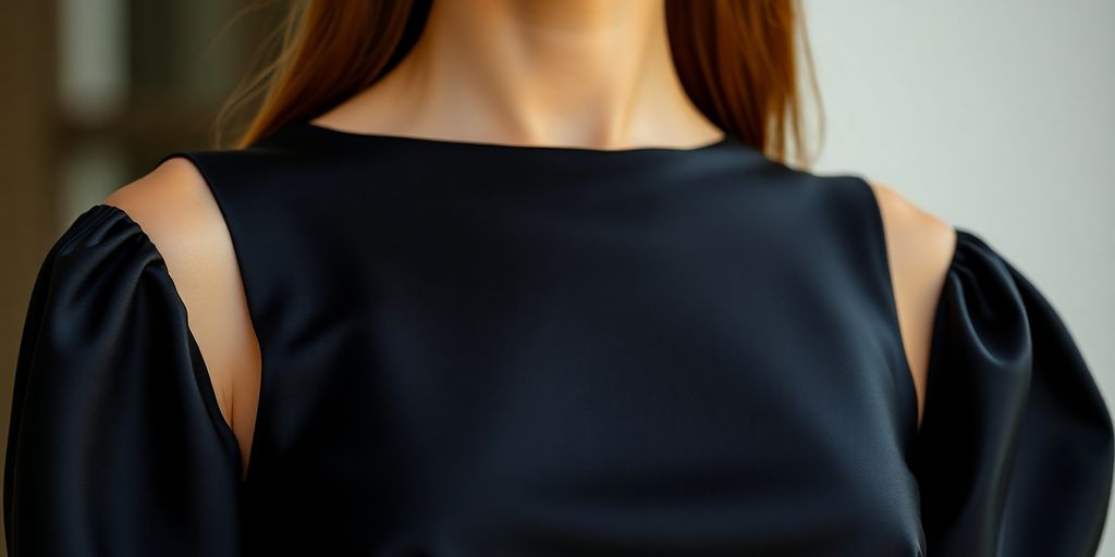 Black satin mini dress with intricate detailing.