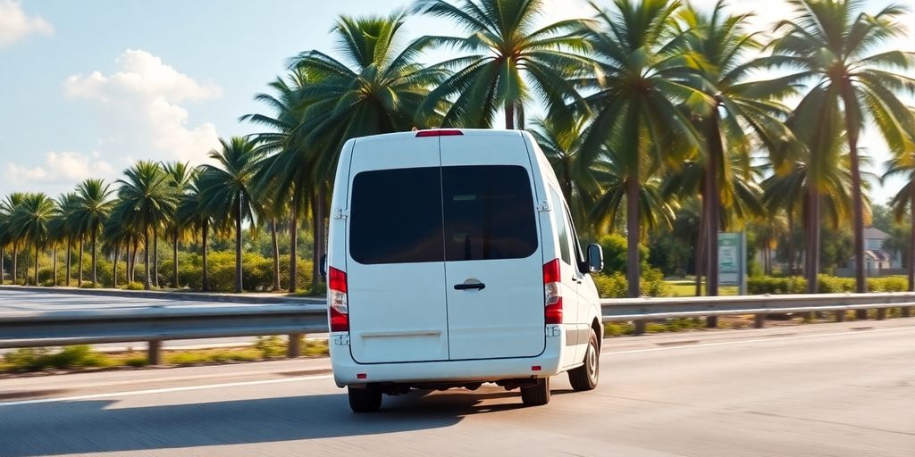 Medical transport van driving on Florida highway.