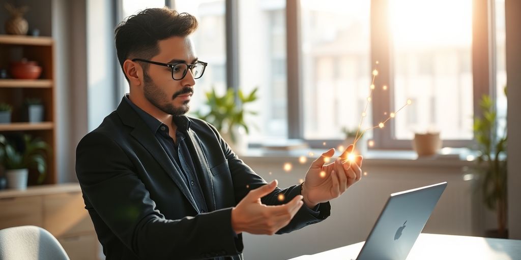 Emprendedor ajustando estrategias con elementos digitales flotantes.