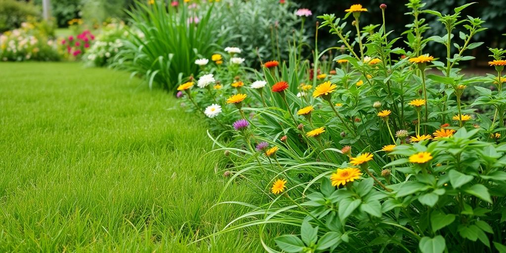 Curte verde cu plante, flori și iarbă.