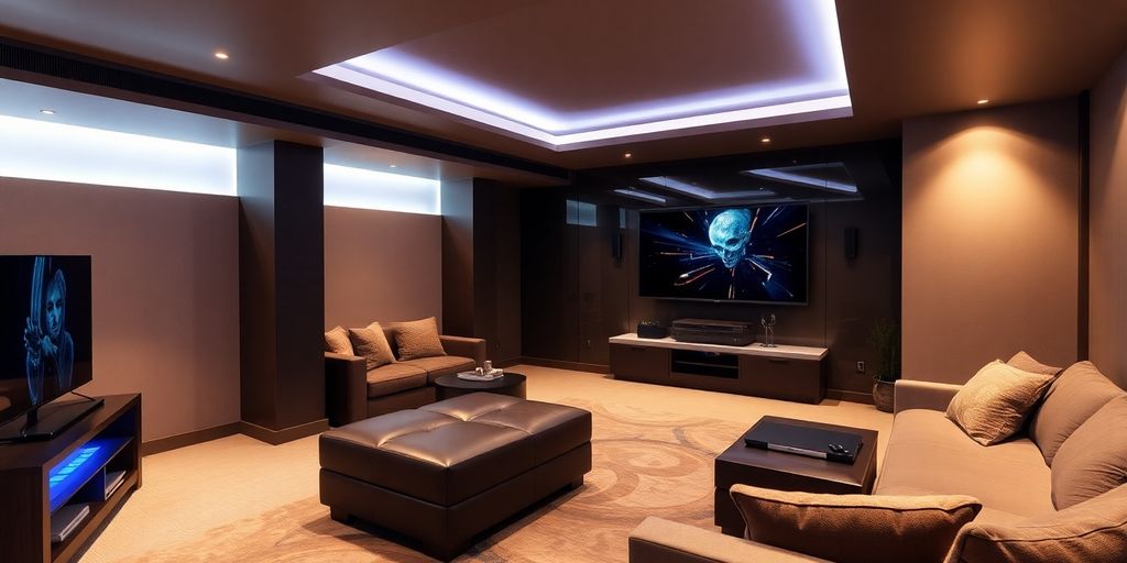 Modern basement design with technology and cozy ambiance.
