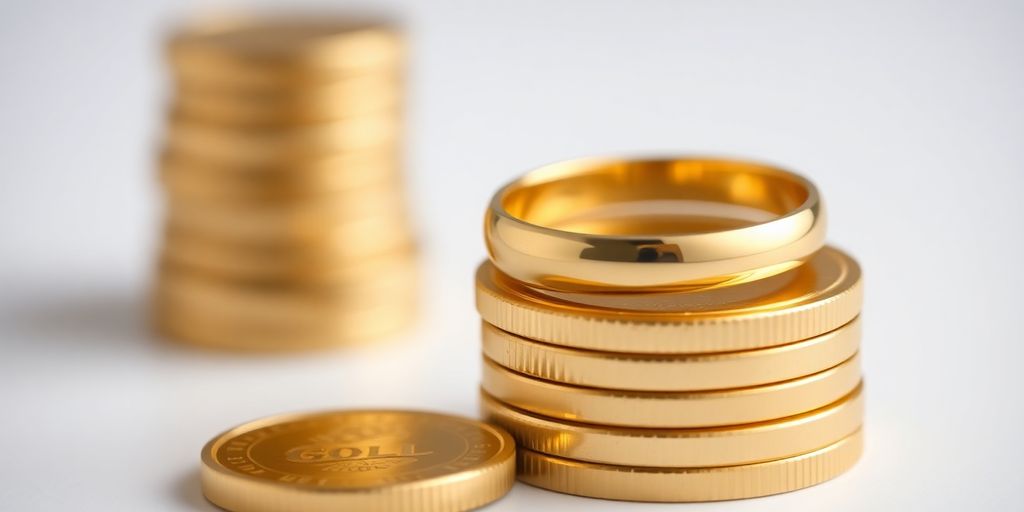 Bague en or et pièces de monnaie empilées.