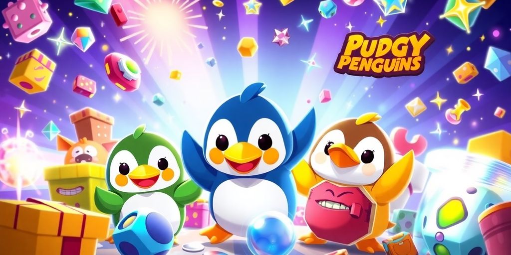 Pudgy Penguins characters with gaming and collectible items.
