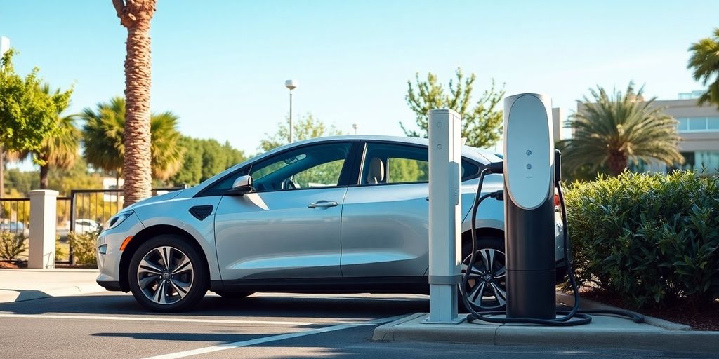 Electric vehicle charging station in Jackson, California.
