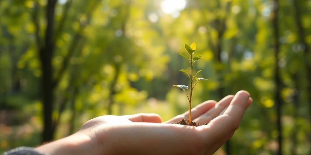 A small tree growing in a hand, surrounded by lush green foliage.