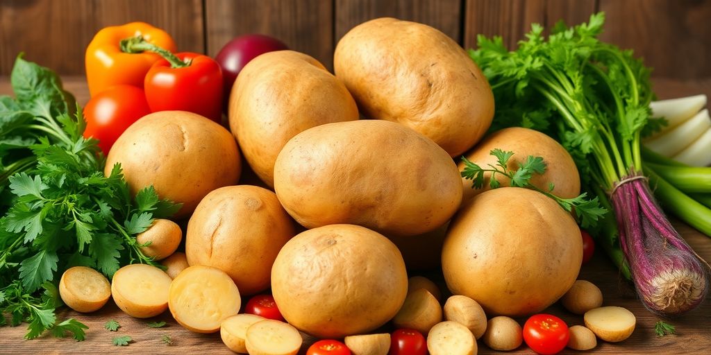 Vers biologisch aardappels met groenten op een houten tafel.