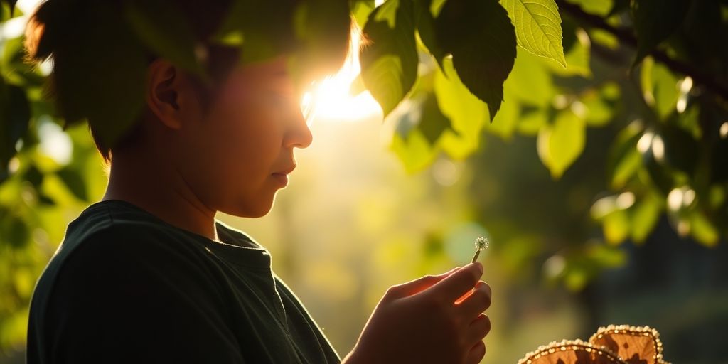 Person peacefully engaged in a calming hobby outdoors.