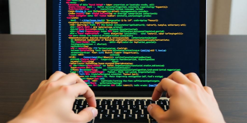 Python code snippets on a laptop screen.