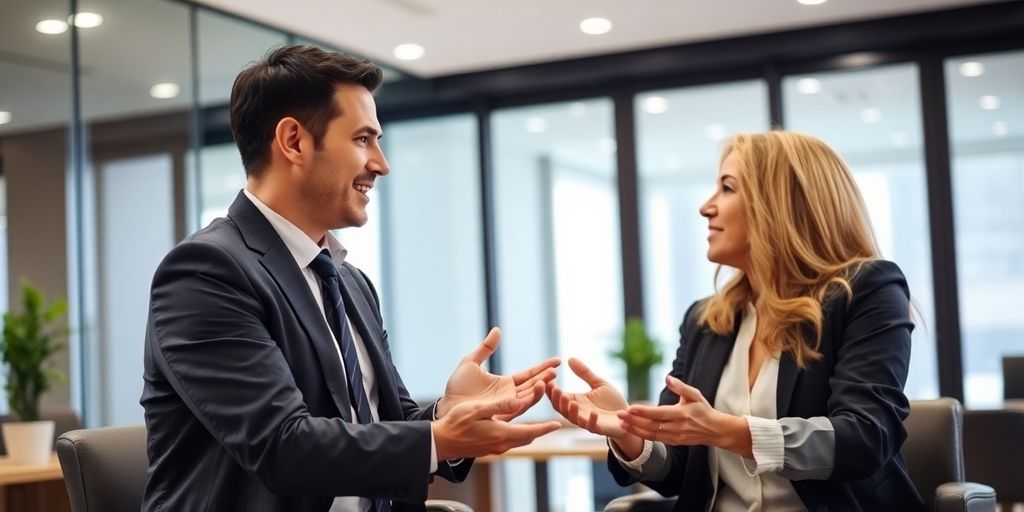 Lawyer and client engaged in conversation in office.