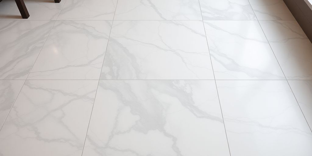 Elegant marble look floor tiles with a natural veined pattern.