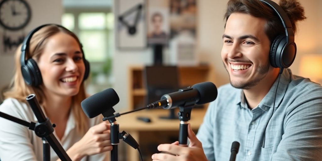Podcast recording setup with headphones and microphones.