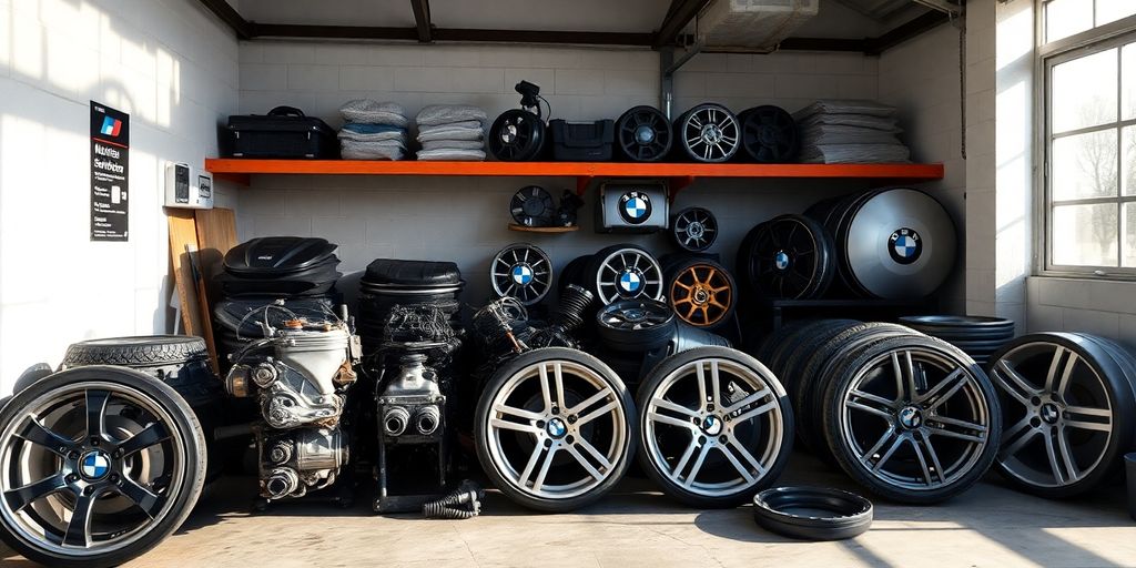 BMW car parts laid out neatly on a workbench.