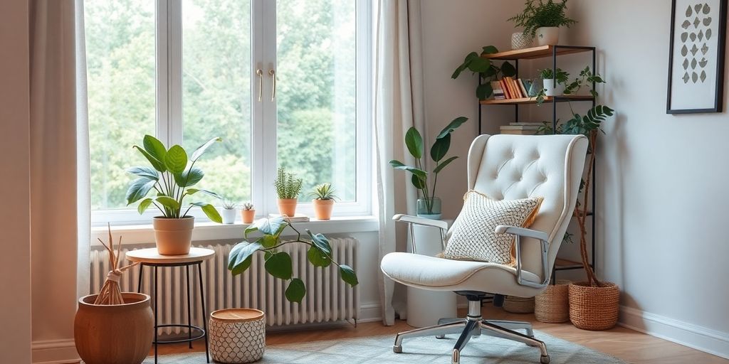 Calm workspace with plants and soft natural light.