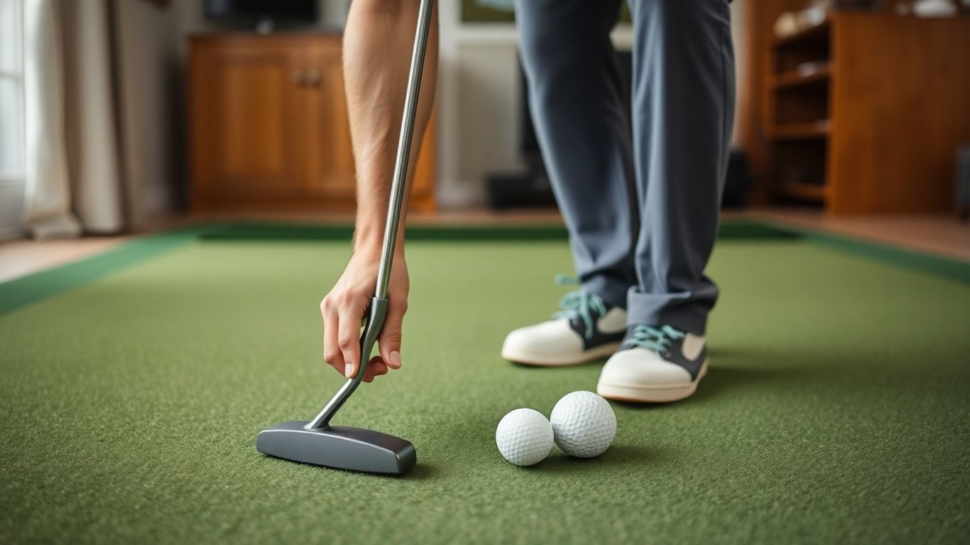 Golfer practicing putting stroke indoors with focus on the ball.