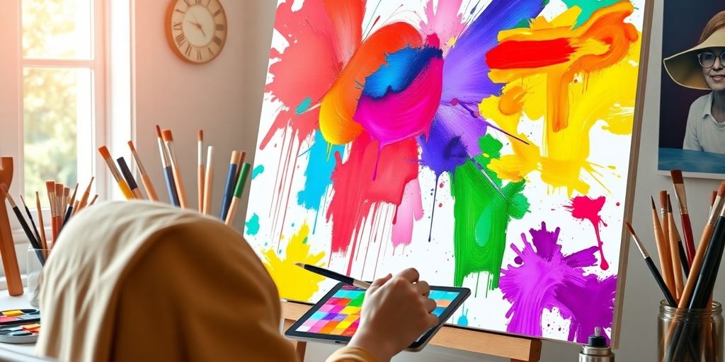 Artist painting on a tablet with colorful abstract strokes.