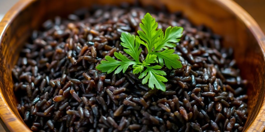 Bowl of wild rice with scattered fresh herbs.