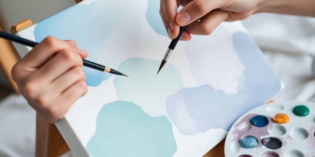 Person painting, calm colors, focused expression.