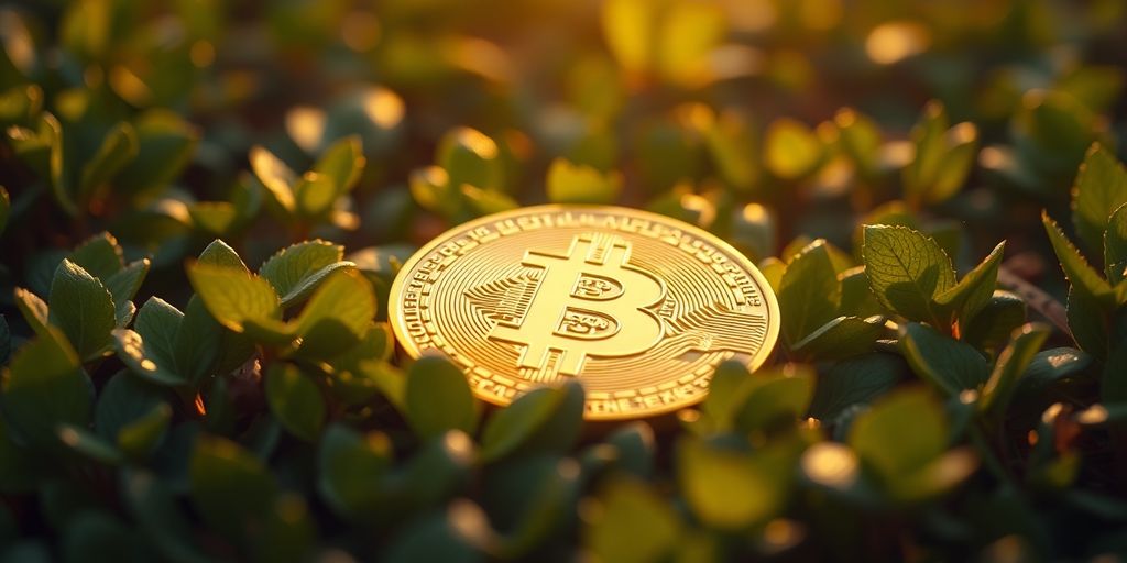 Uma moeda Bitcoin dourada sobre folhas verdes.