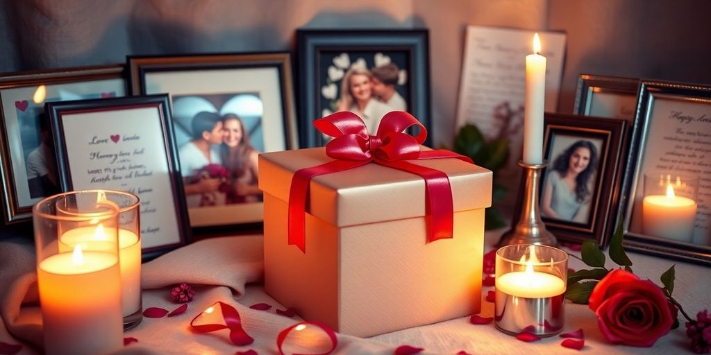 Romantic anniversary gift scene with keepsakes and candles.