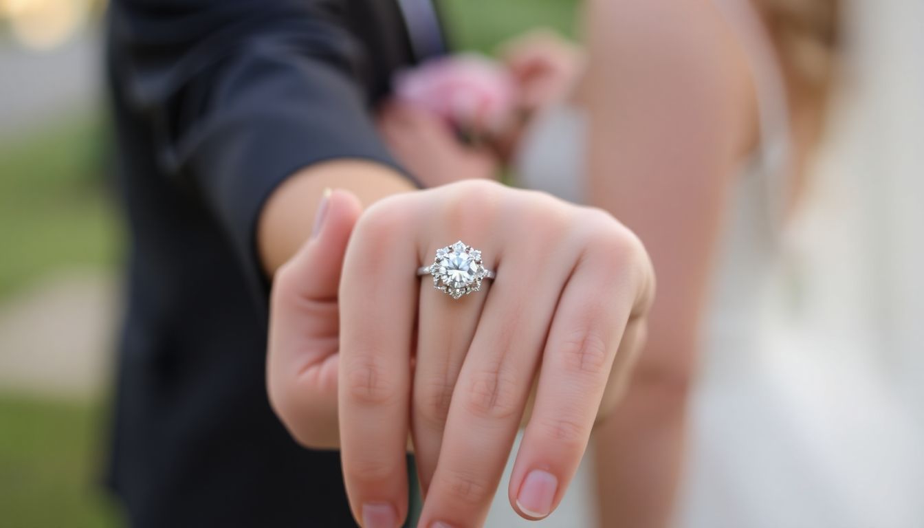 Fiancé showing off their engagement ring in nature.