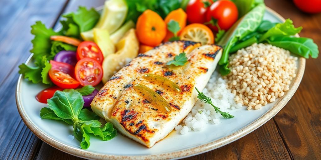 Plate of colorful Mediterranean diet meal with fresh ingredients.