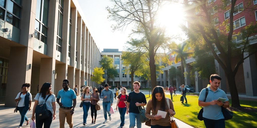 Students walking, studying, and socializing on a vibrant campus.