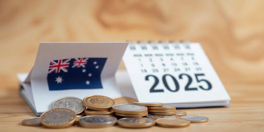 Australian dollar coins and a calendar marking 2025.