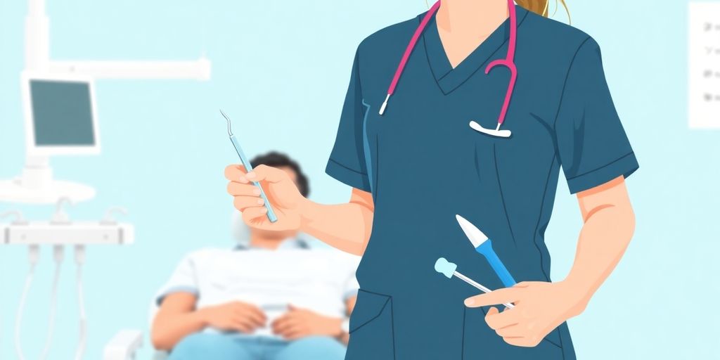 Dental assistant holding tools, smiling, helping patient.