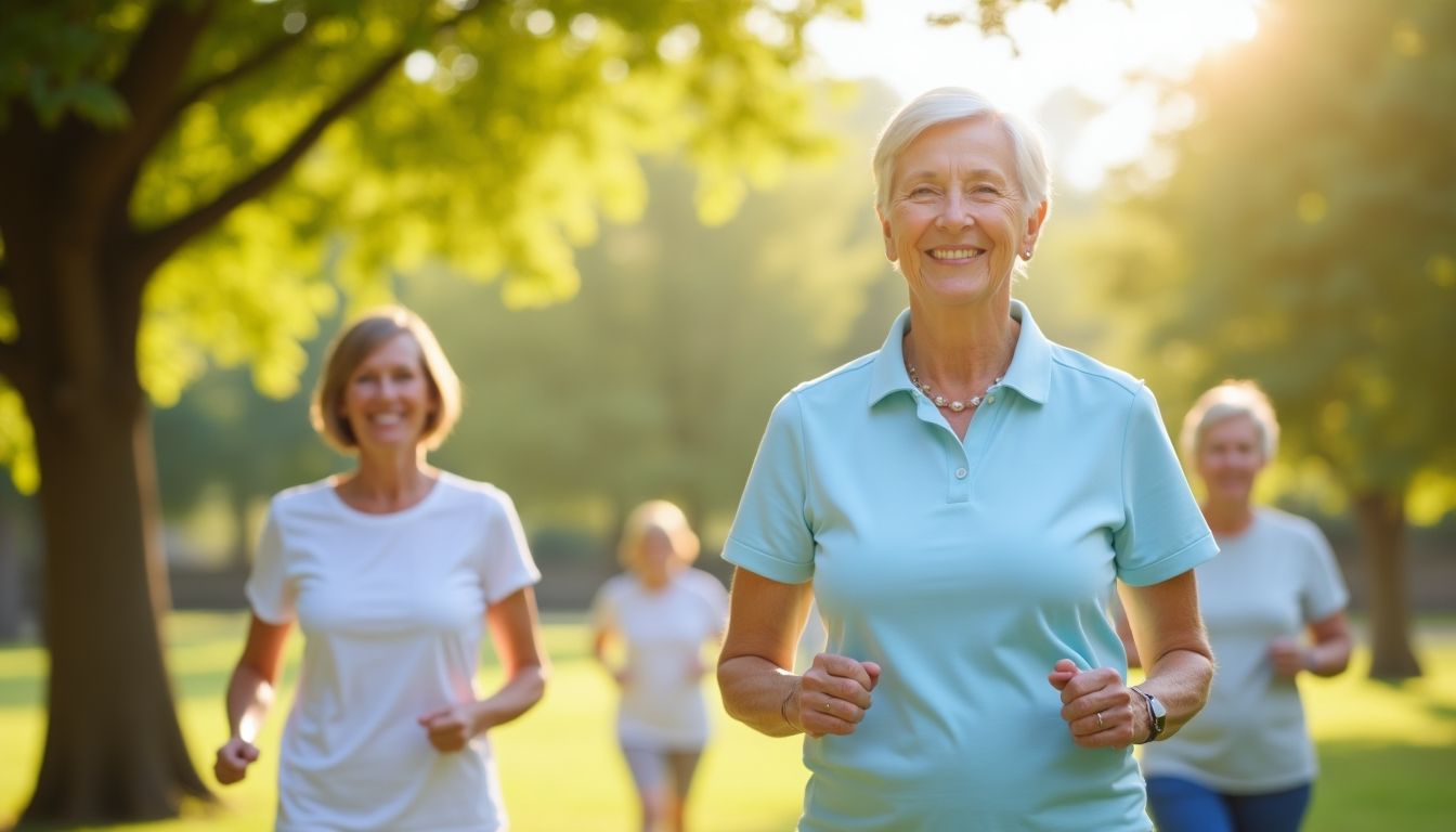 Seniors practicing low-impact aerobics in a park.