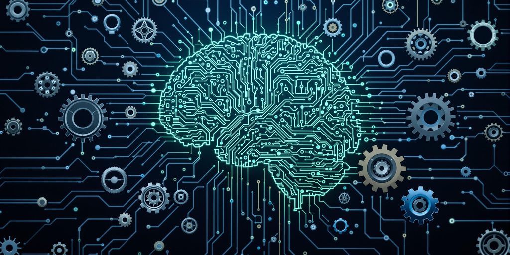 A digital brain with circuits and interconnected gears.