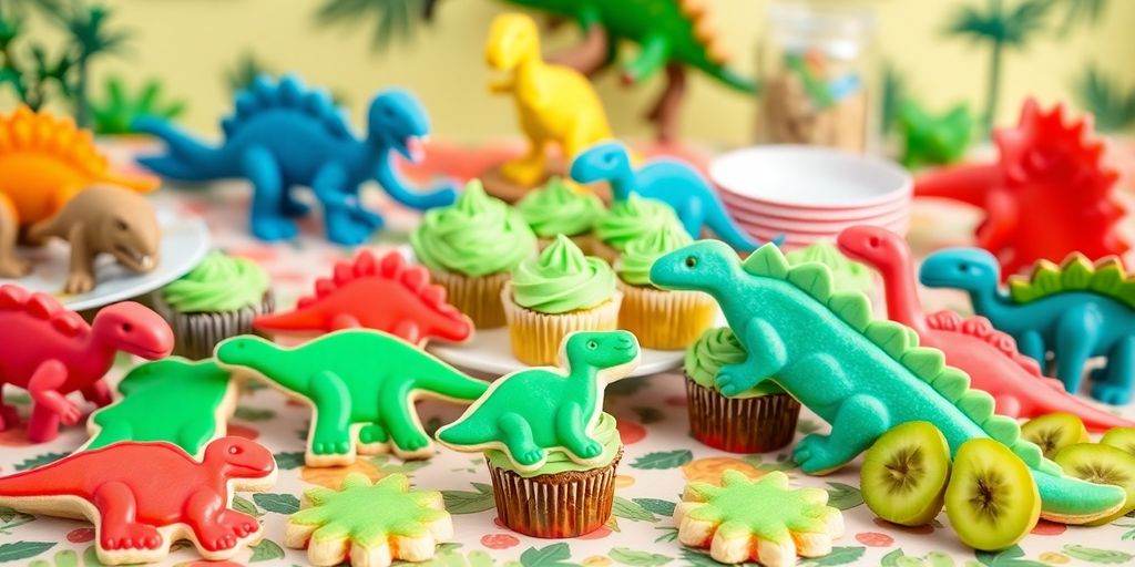 Dinosaur-themed treats on a colourful party table.