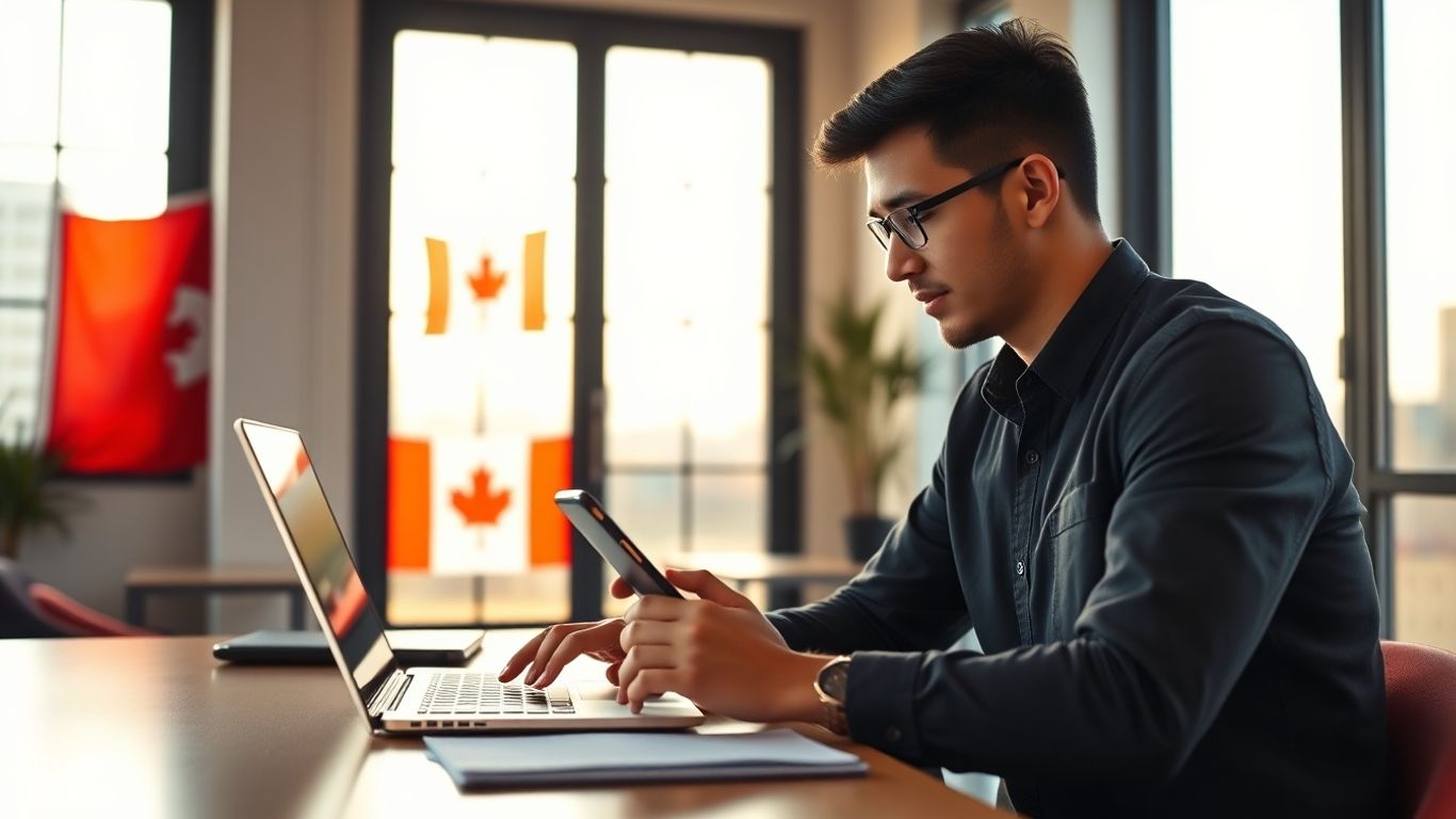 Profesional usando laptop en oficina con bandera canadiense visible.