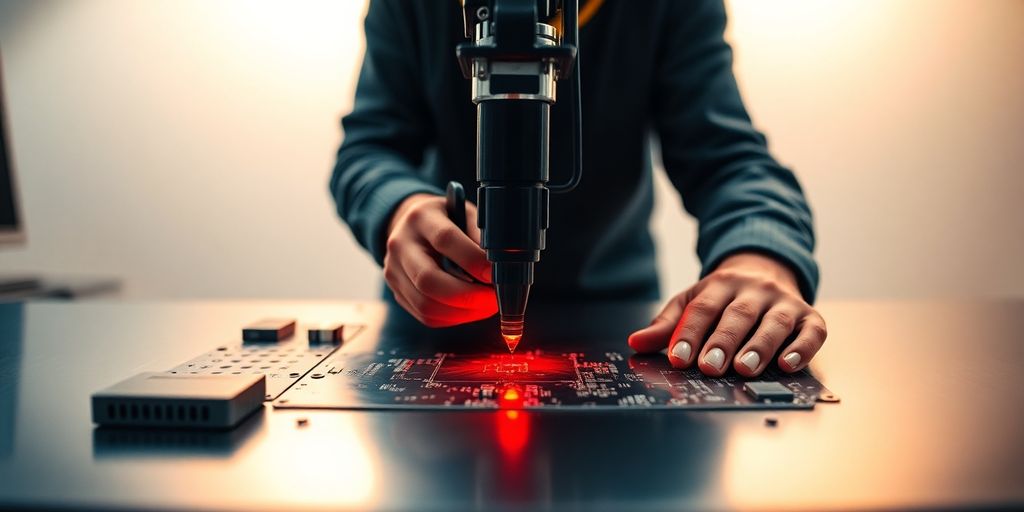 Worker guiding a precision laser beam cutting metal on workbench