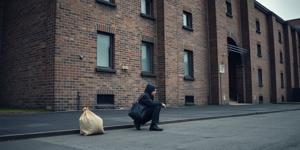 Asylum seeker with belongings outside a building.