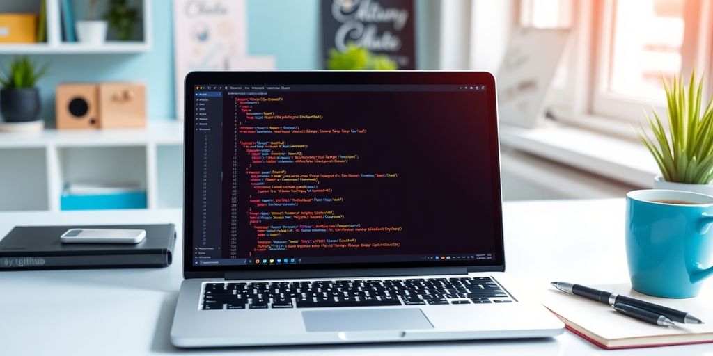 Workspace with laptop, coffee cup, and notepad.