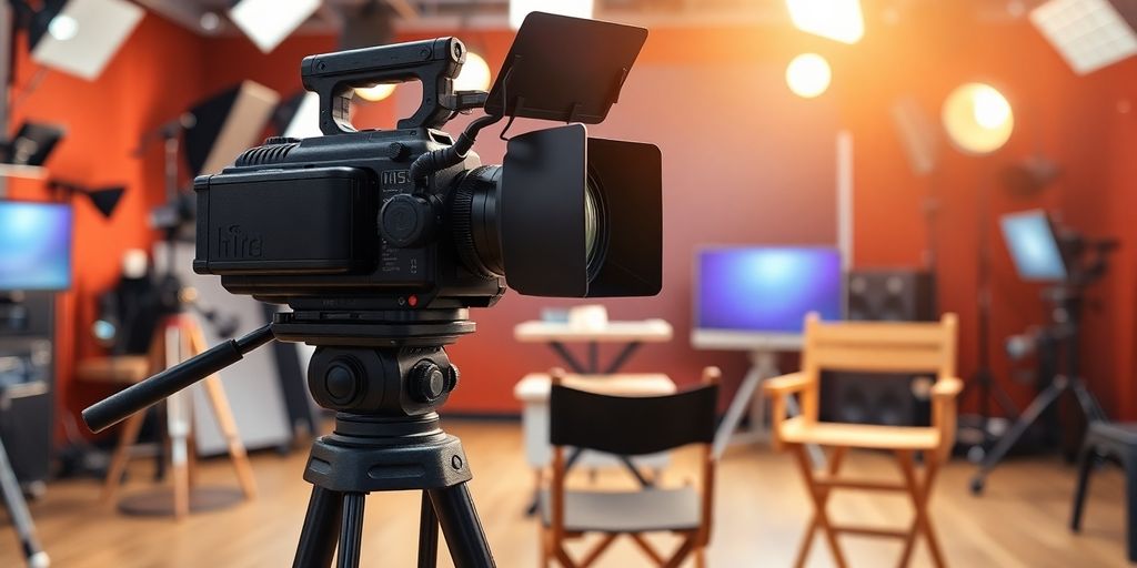 Camera, director's chair, studio lights.