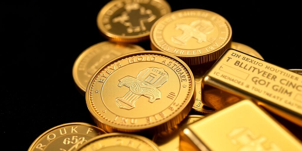 Des pièces et lingots d'or brillants sur fond sombre.