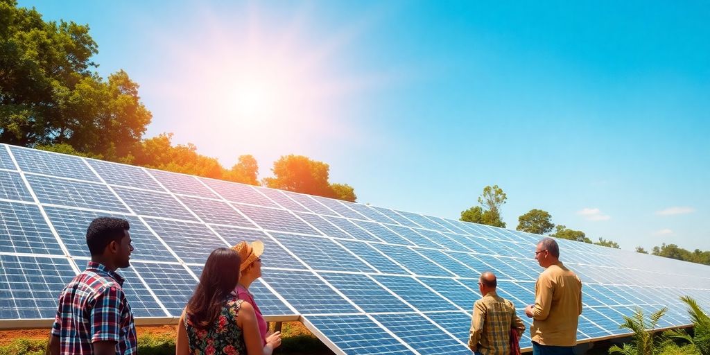 Solar panels in a green field with community members nearby.